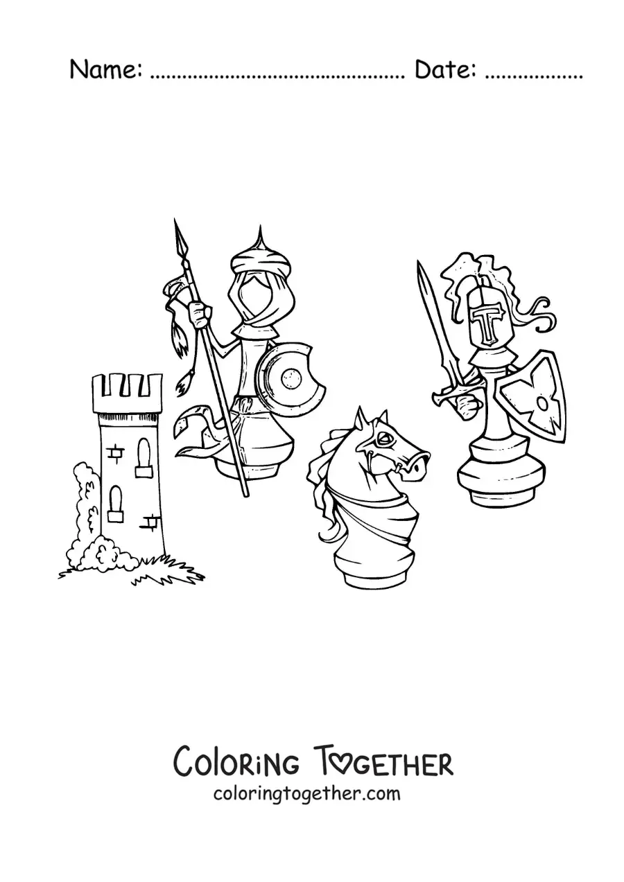 Coloring page of cartoons of the chess pieces