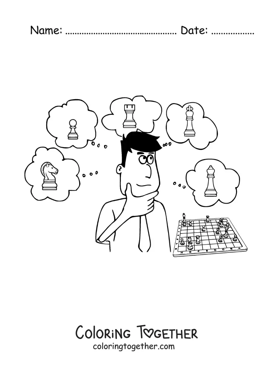 Coloring page of a cartoon of a man playing chess