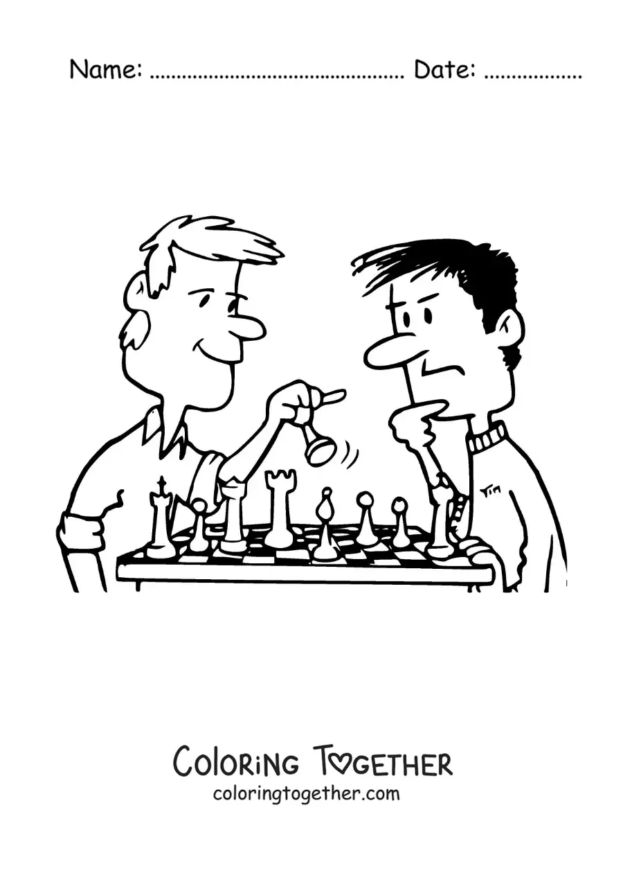 Coloring page of a cartoon of two men playing chess