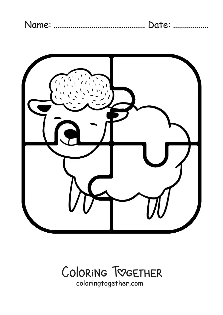 Coloring page of a cut-out 4-piece puzzle of a cartoon sheep