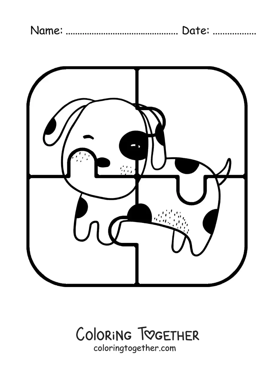 Coloring page of a cut-out 4-piece puzzle of a cartoon dog