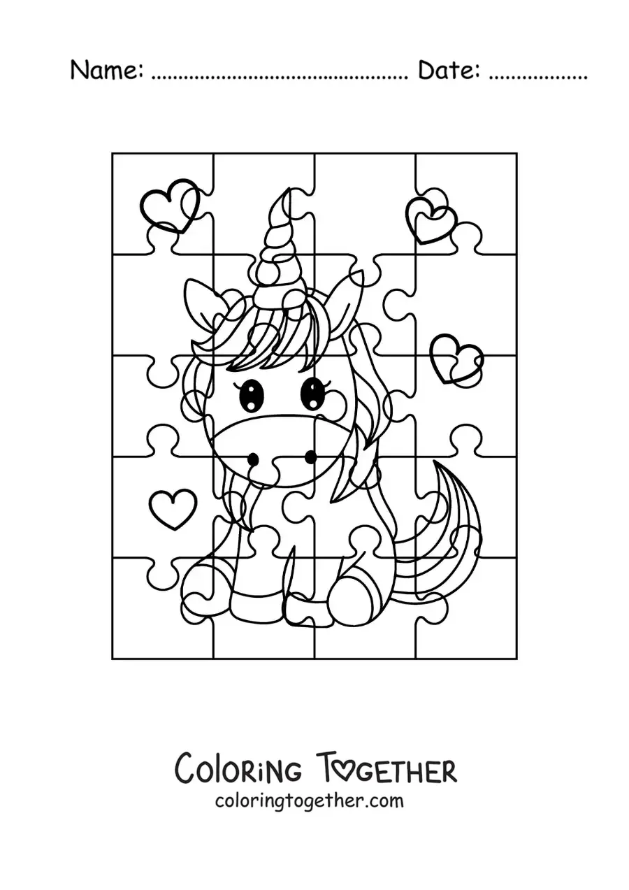 Coloring page of a cut-out puzzle of a cartoon unicorn