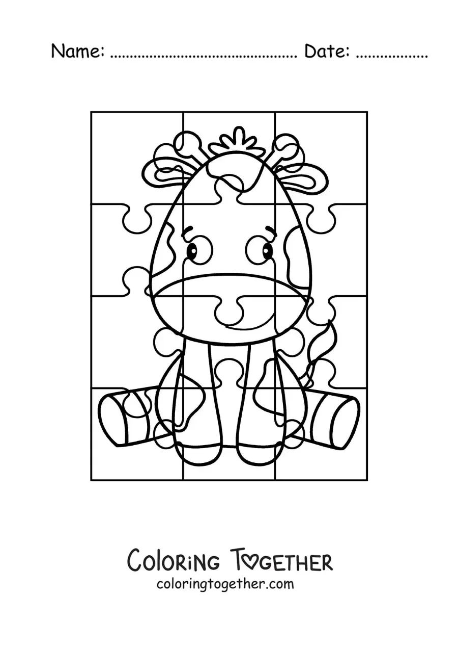 Coloring page of a cut-out puzzle of a cartoon giraffe