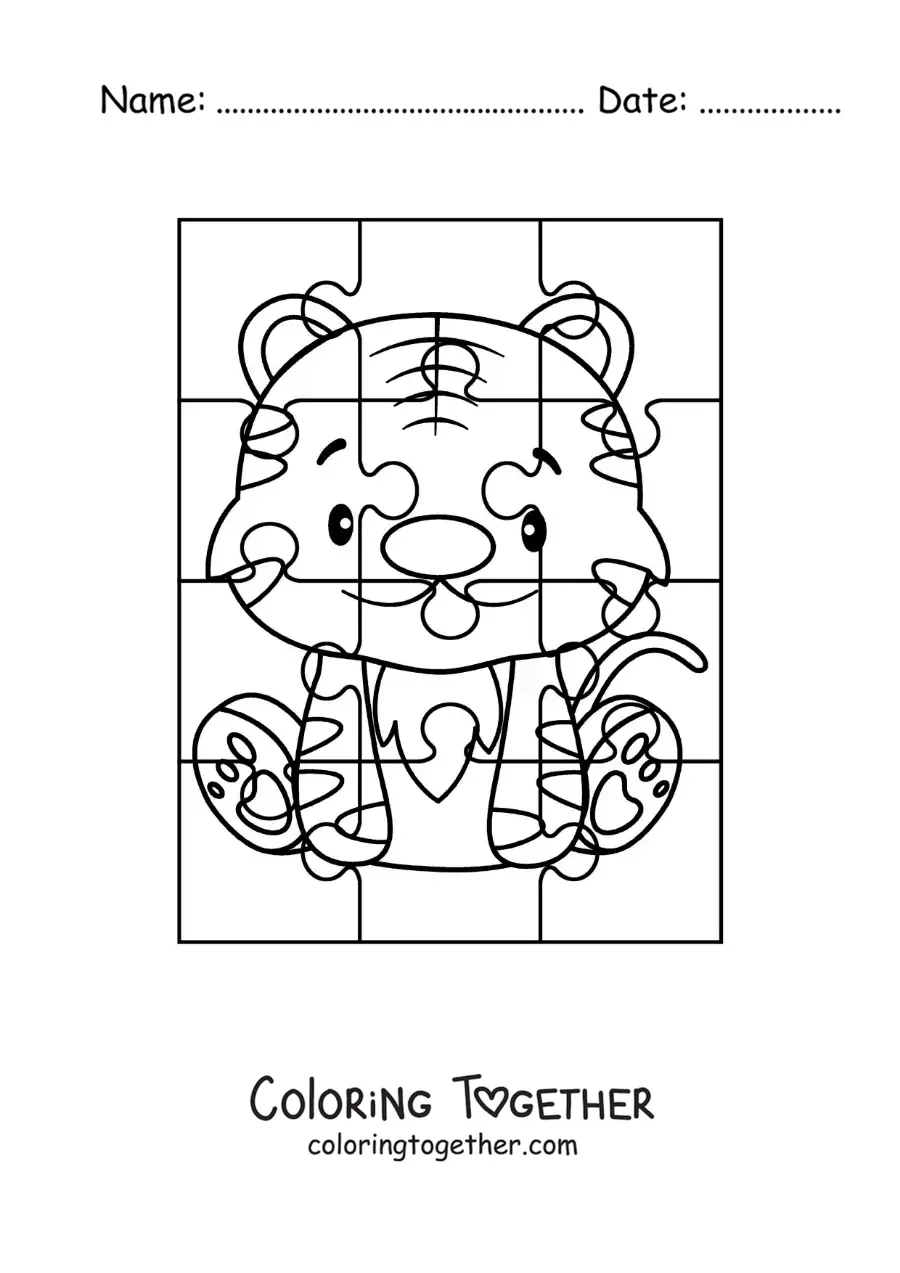 Coloring page of a cut-out puzzle of a cartoon tiger