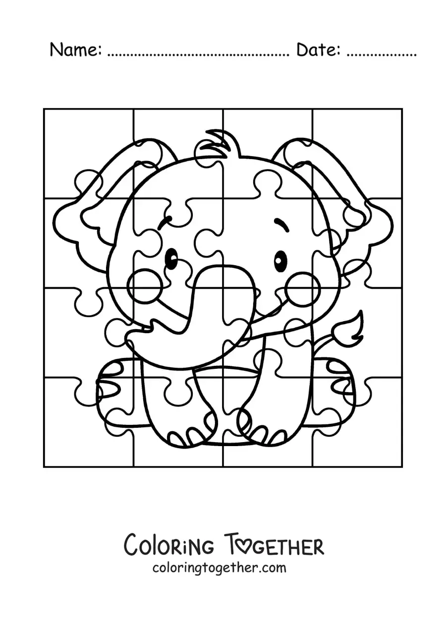Coloring page of a cut-out puzzle of a cartoon elephant