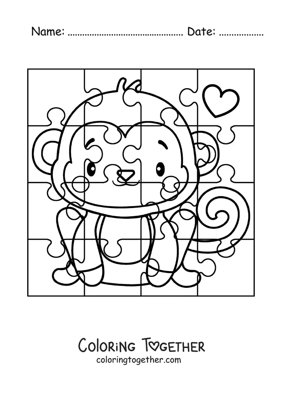 Coloring page of a cut-out puzzle of a cartoon monkey