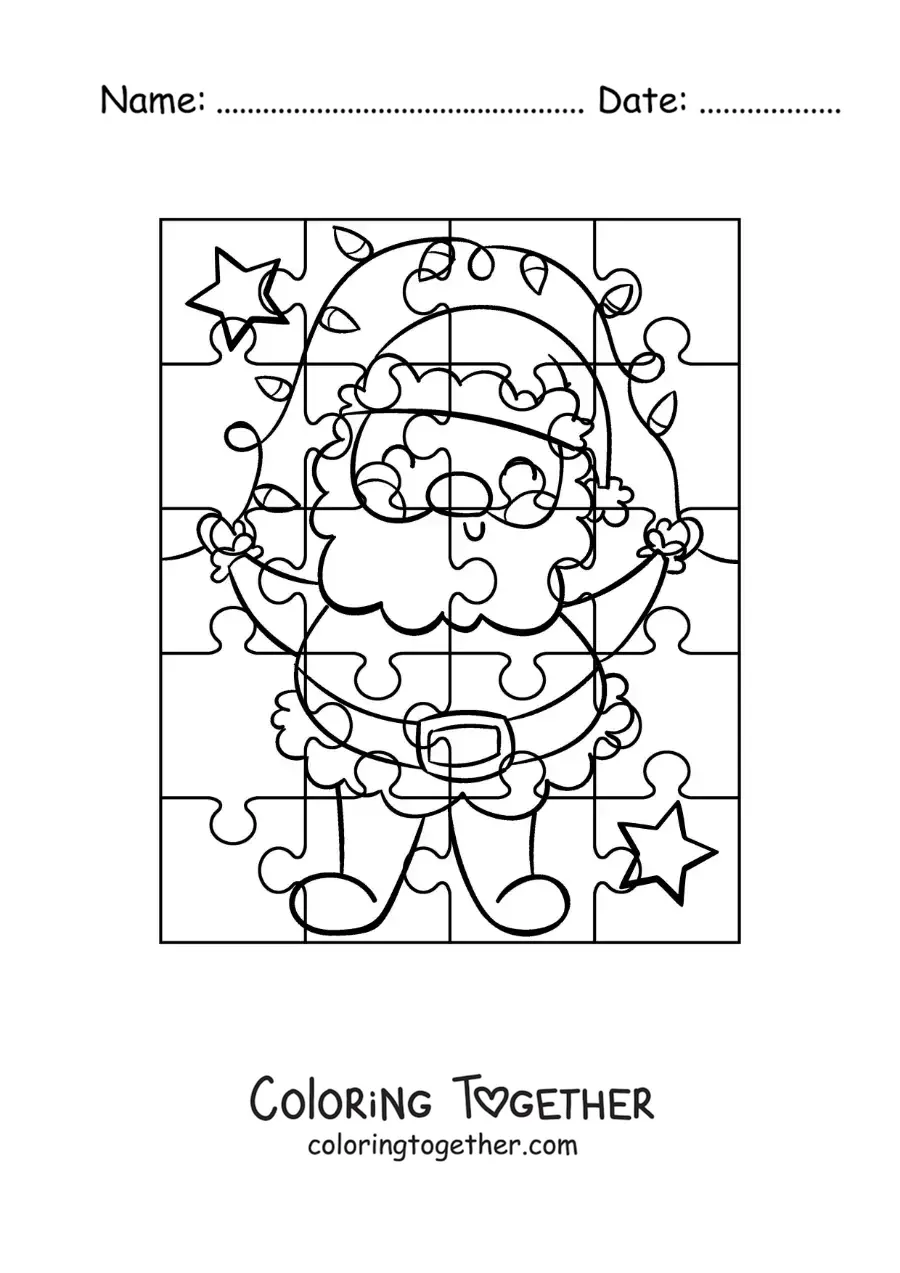 Coloring page of a Christmas puzzle of a cartoon Santa
