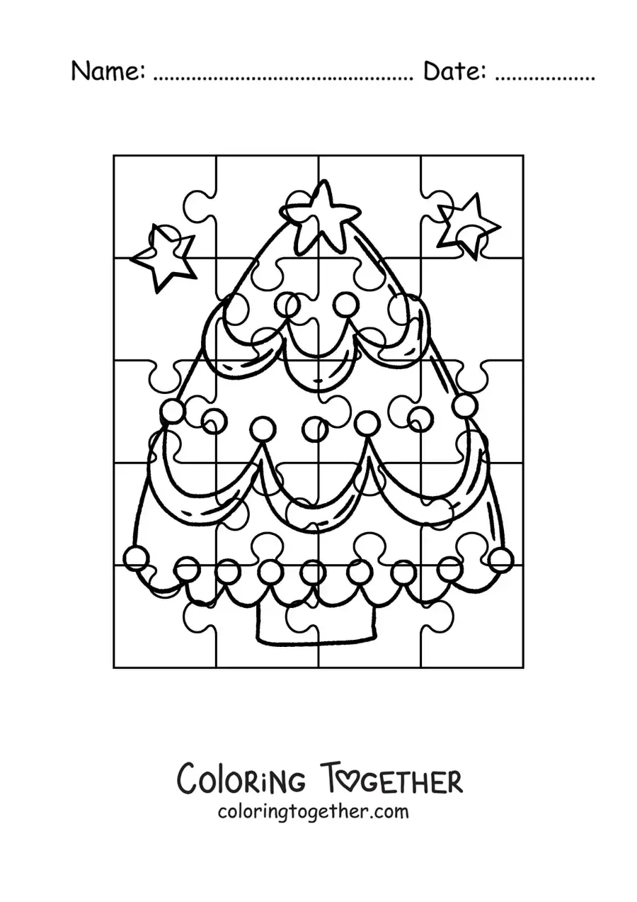 Coloring page of a Christmas puzzle of a Christmas tree