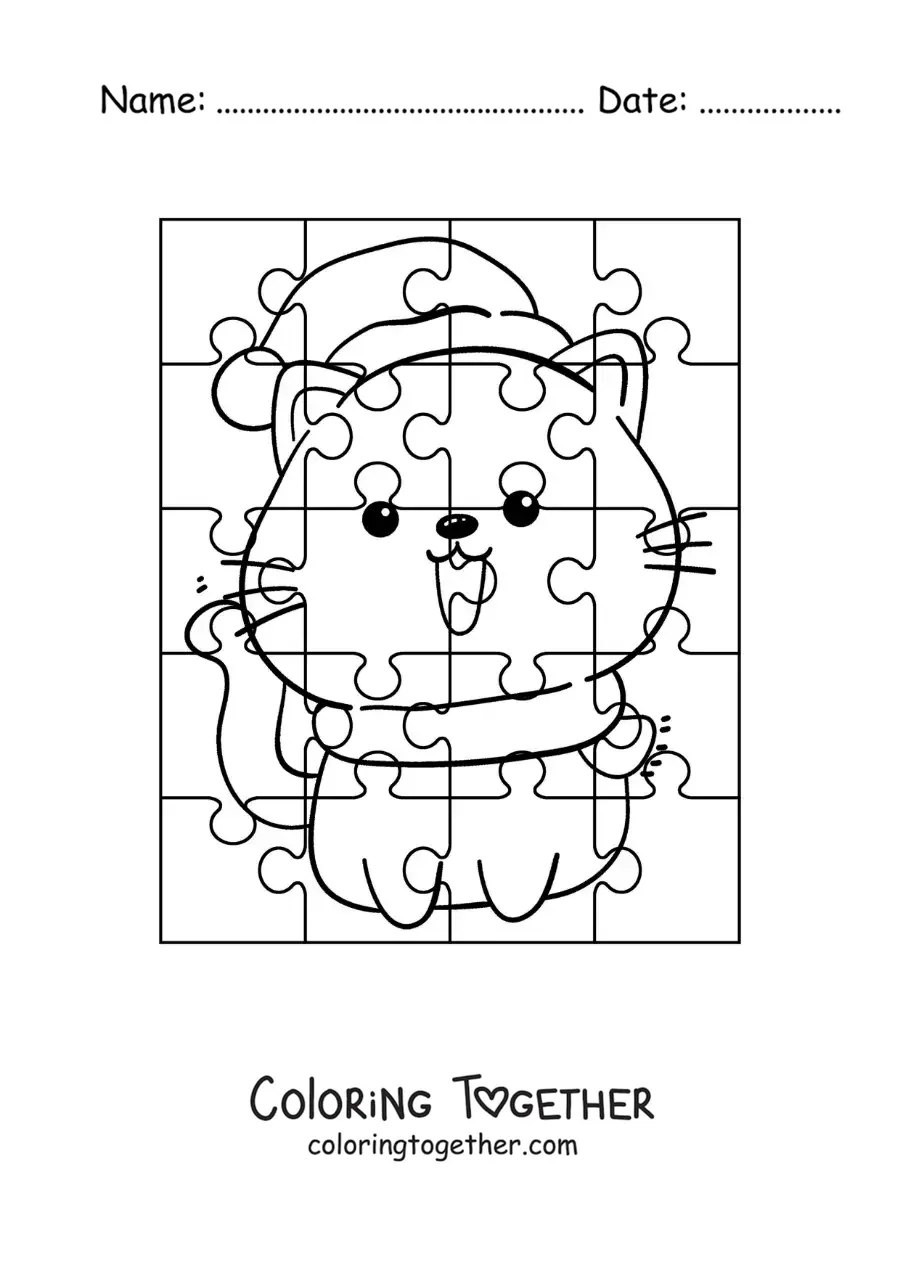 Coloring page of a Christmas puzzle of a cartoon cat with a hat