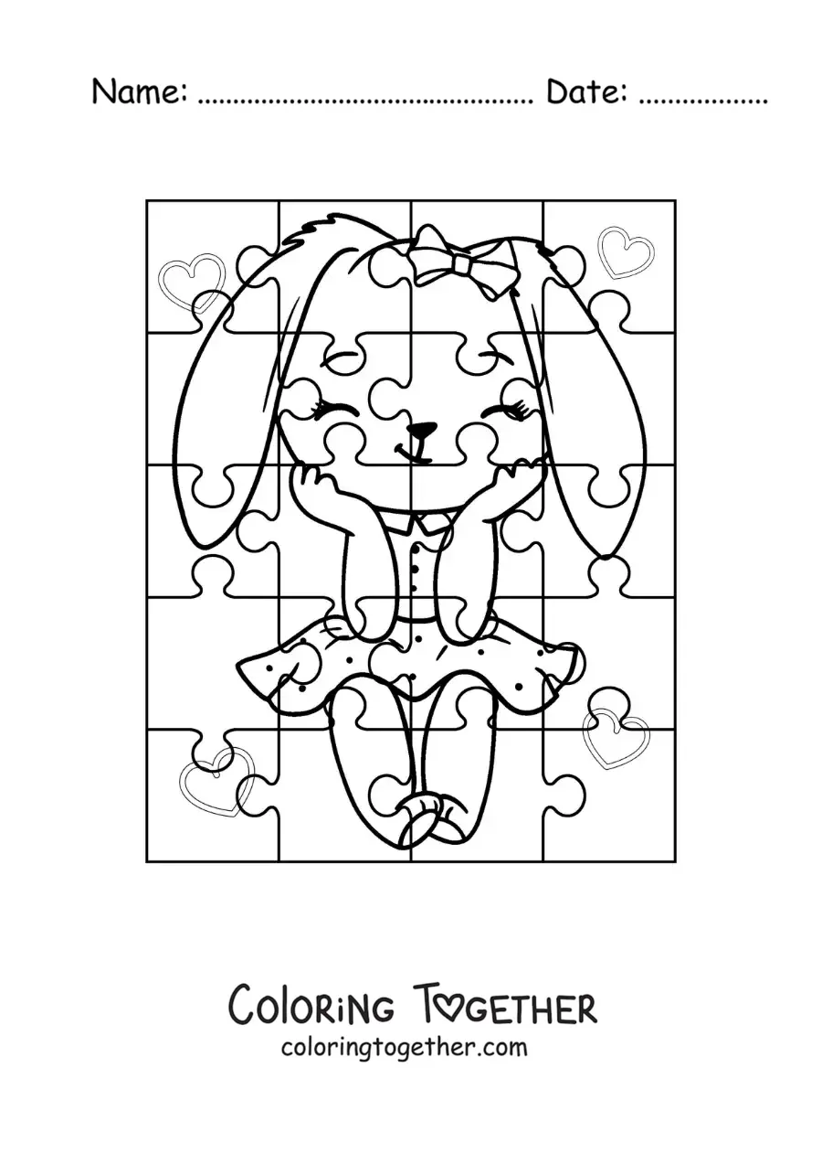 Coloring page of a cut-out puzzle of a cartoon bunny