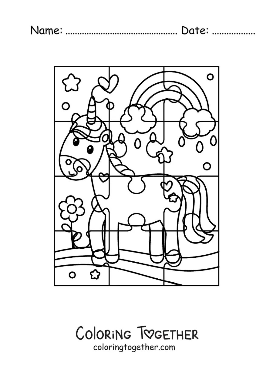 Coloring page of a cut-out puzzle of a cartoon unicorn with a rainbow