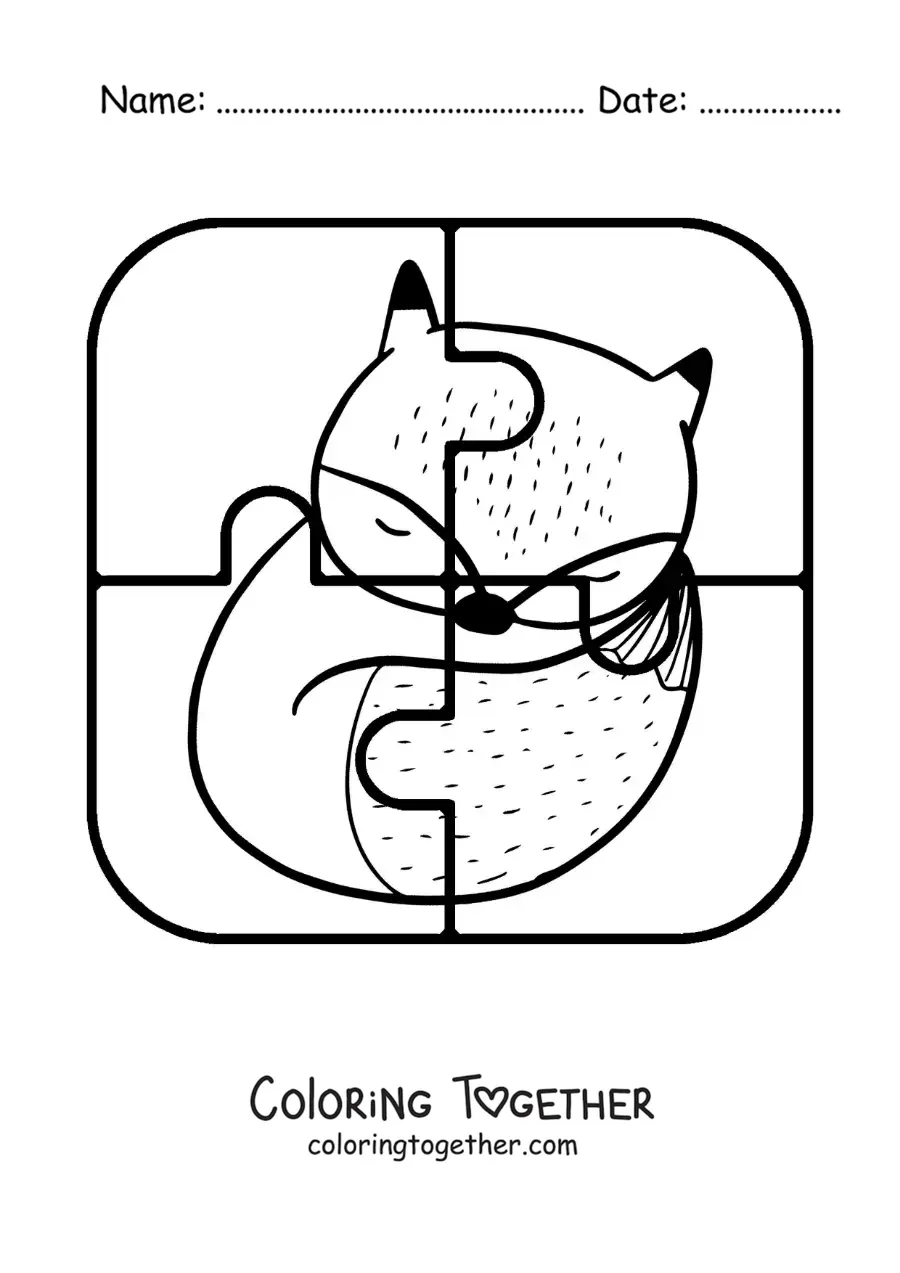 Coloring page of a cut-out 4-piece puzzle of a cartoon fox