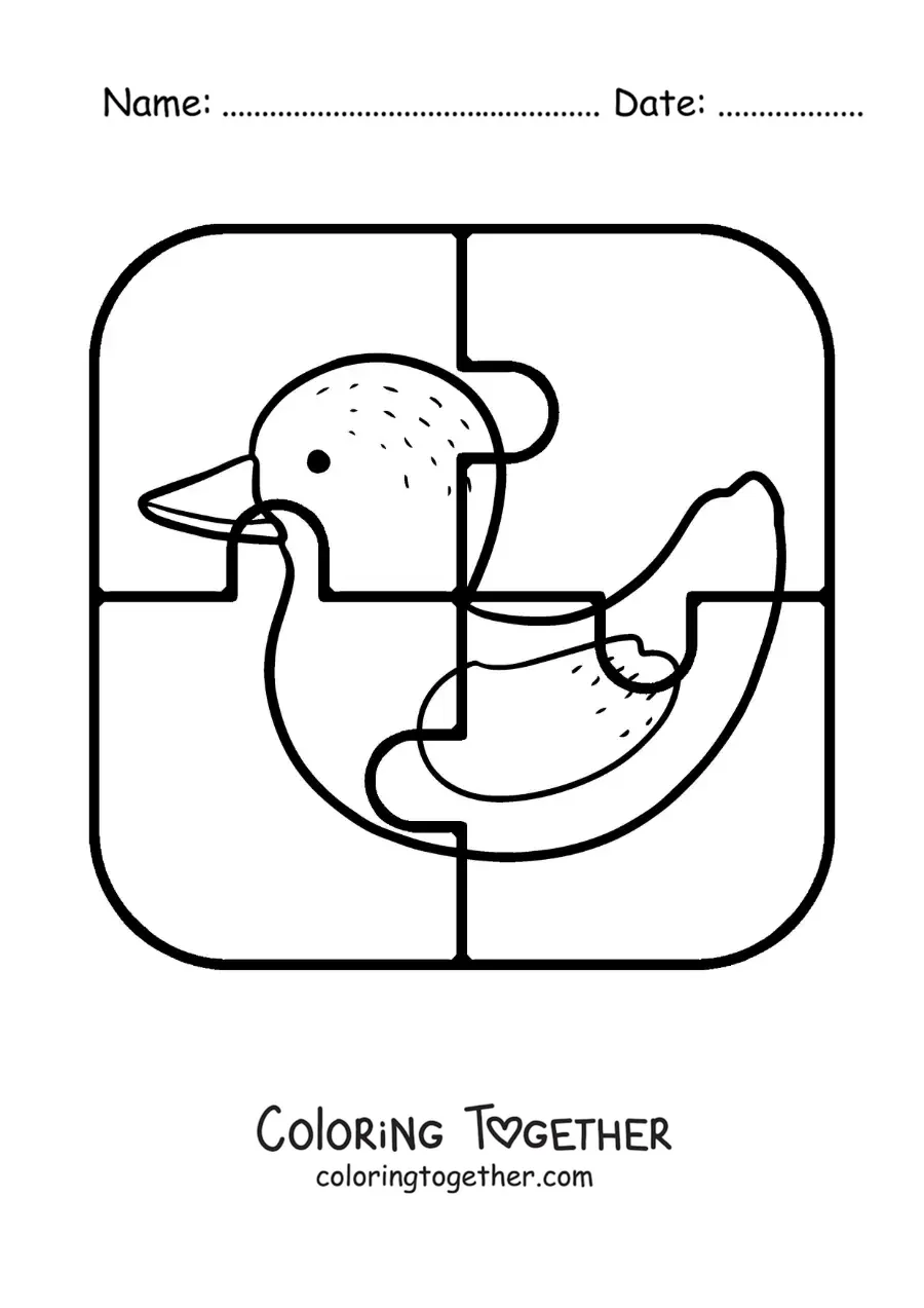 Coloring page of a cut-out 4-piece puzzle of a cartoon duck