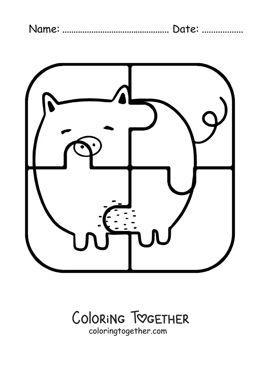 Coloring page of a cut-out 4-piece puzzle of a cartoon pig