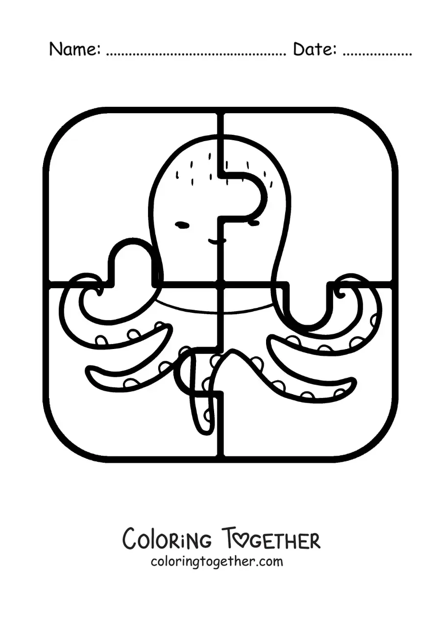 Coloring page of a cut-out 4-piece puzzle of a cartoon octopus