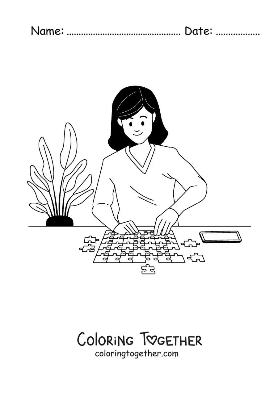 Coloring page of a girl putting together a puzzle