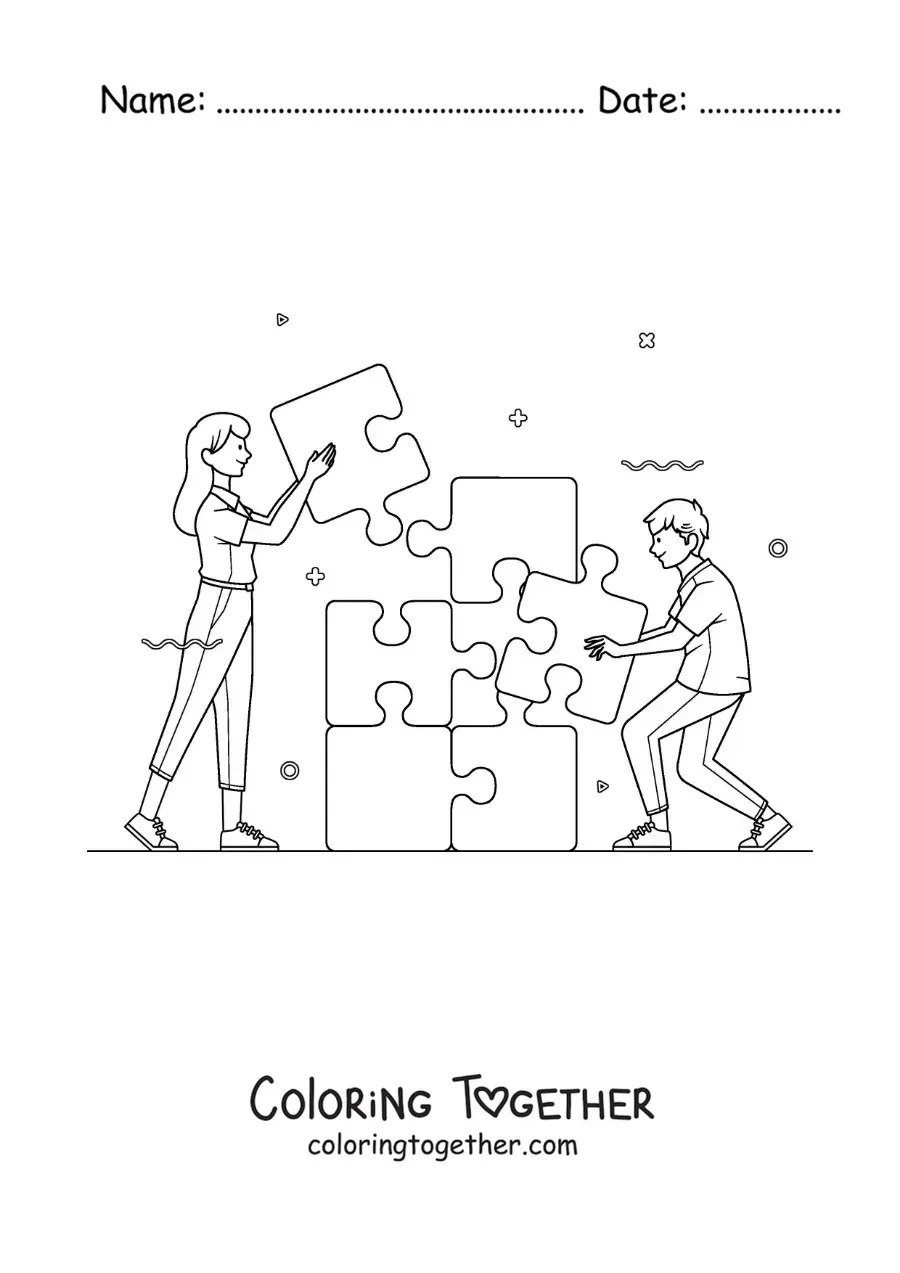 Coloring page of kids putting together a puzzle