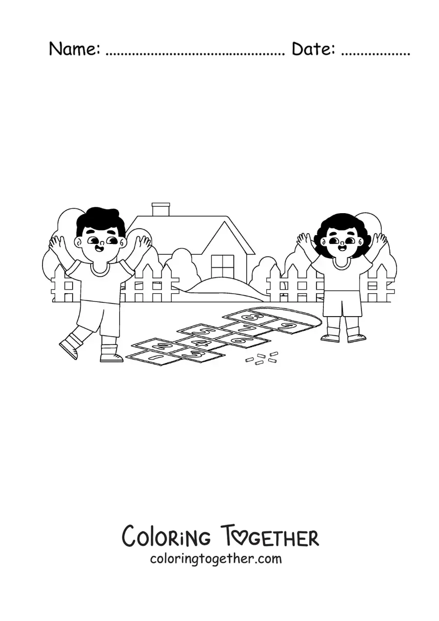Coloring page of kids playing hopscotch