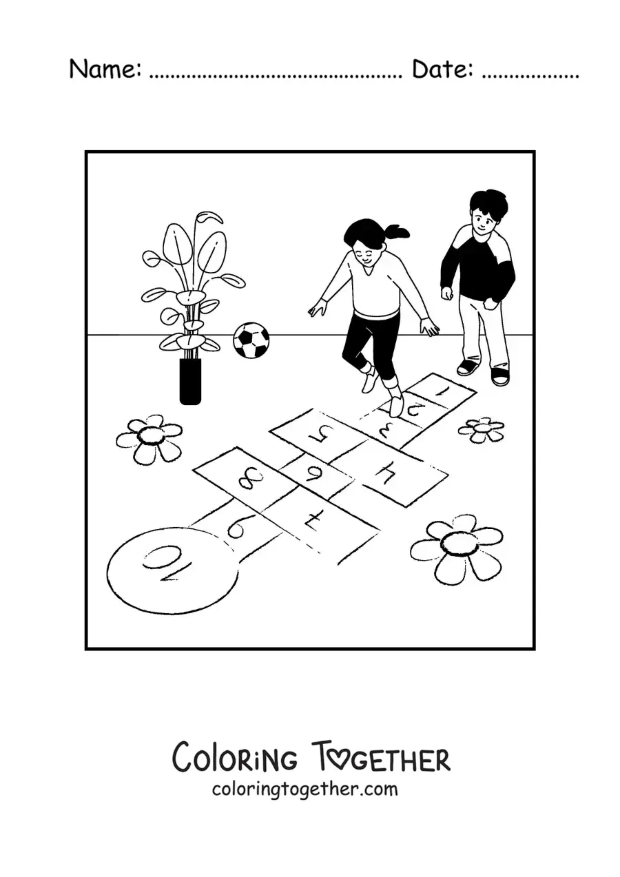 Coloring page of kids playing hopscotch