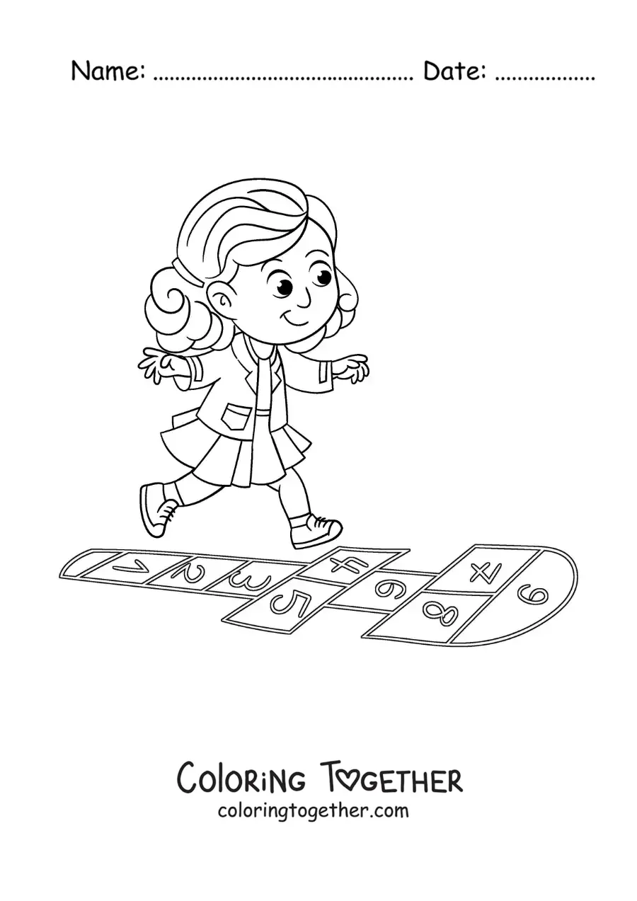 Coloring page of a girl playing hopscotch