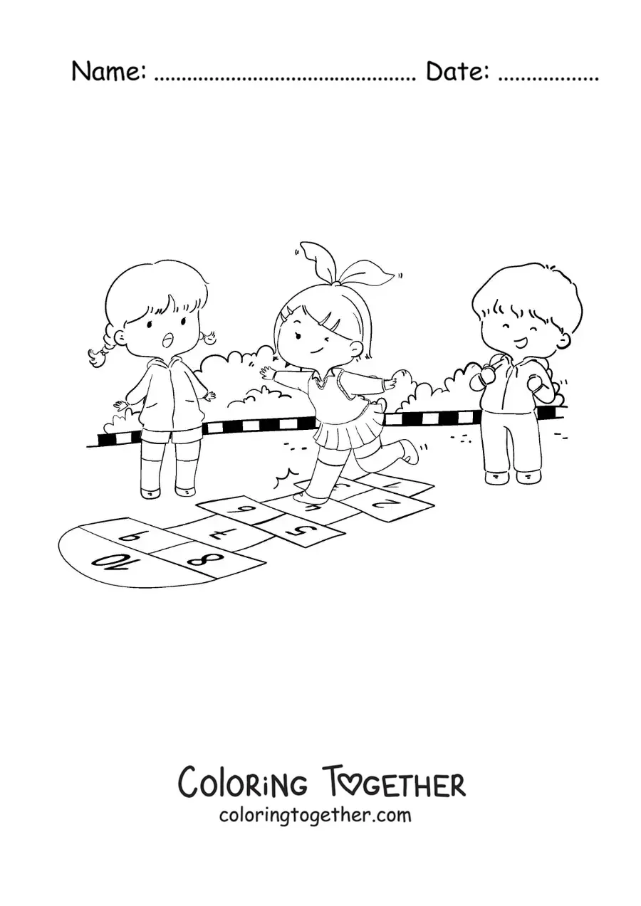 Coloring page of kids jumping in the traditional game of hopscotch