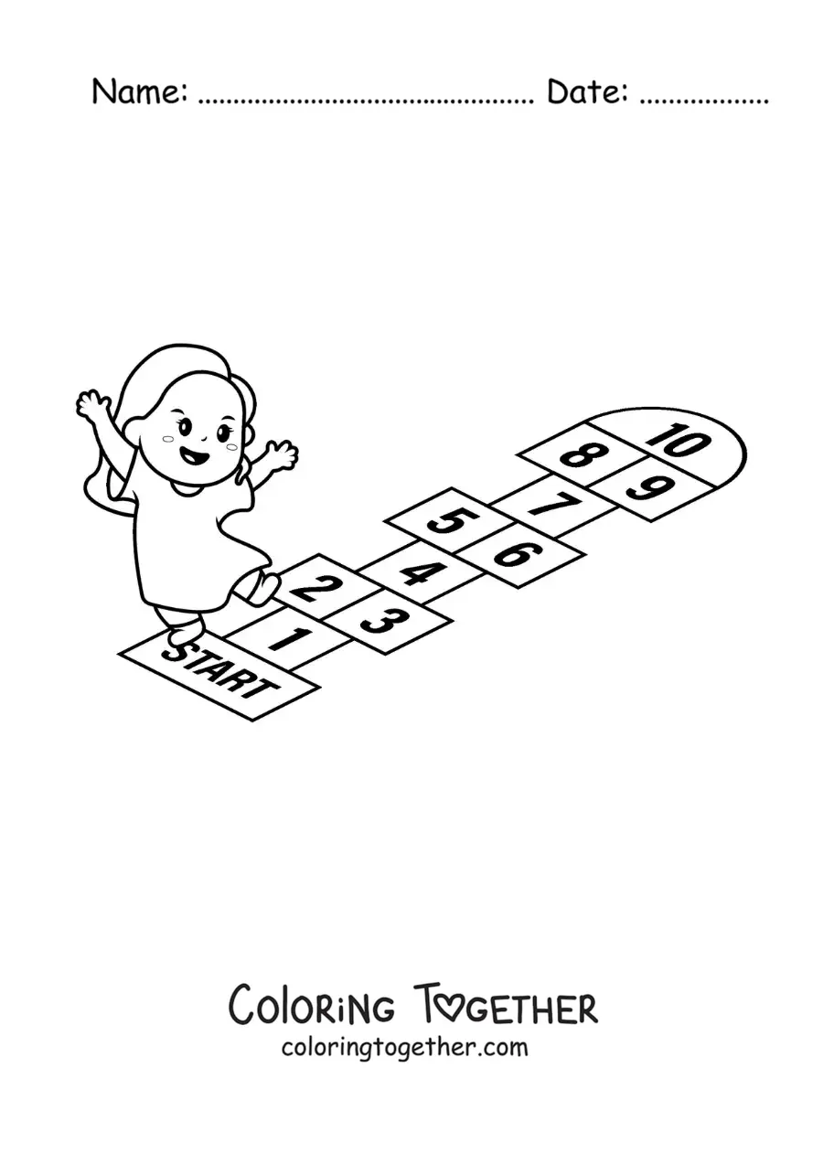Coloring page of a cartoon girl playing hopscotch