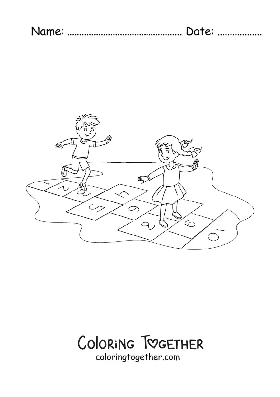 Coloring page of two kids jumping in the traditional game of hopscotch