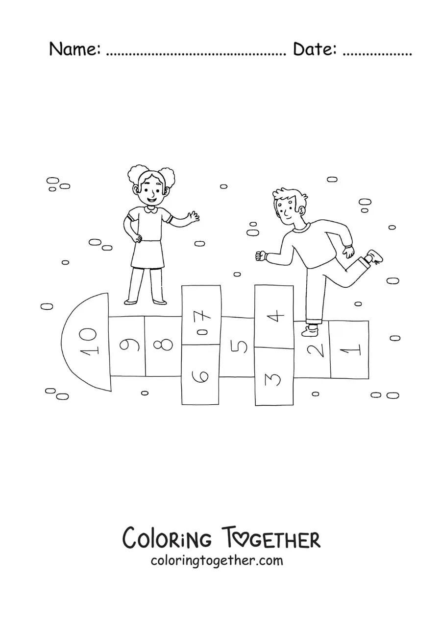 Coloring page of kids playing the traditional game of hopscotch