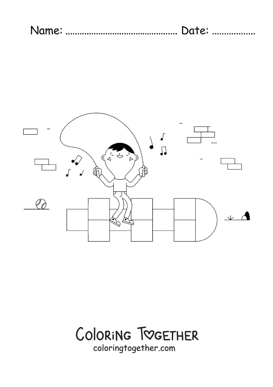 Coloring page of a kid jumping rope while playing hopscotch