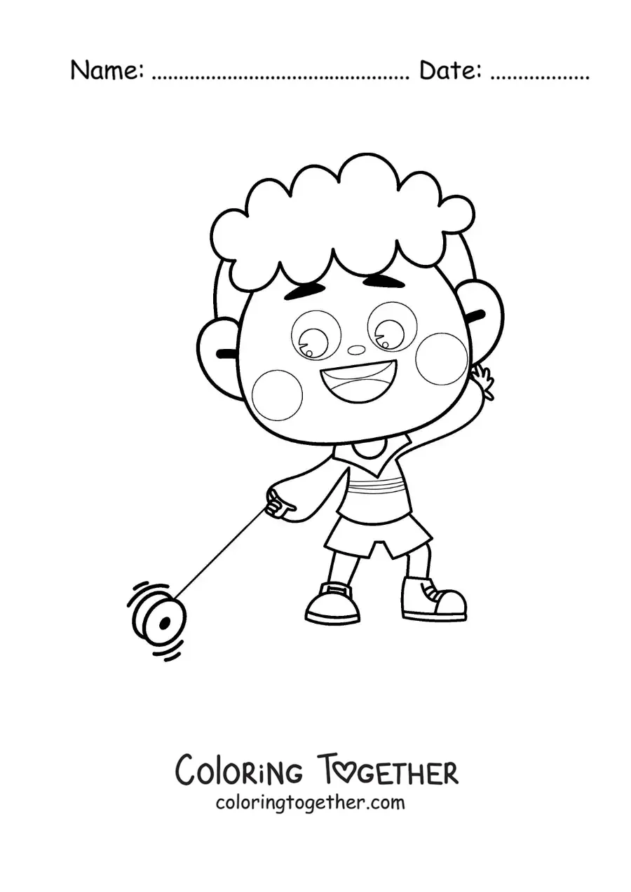 Coloring page of an animated boy playing with a yo-yo