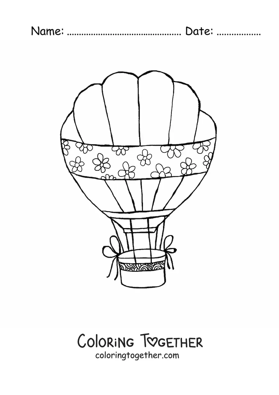 Coloring page of a hot air balloon decorated with flowers