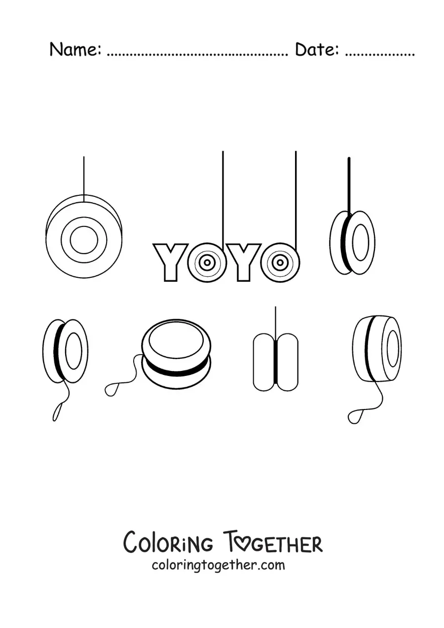 Coloring page of the word yo-yo and several yo-yos