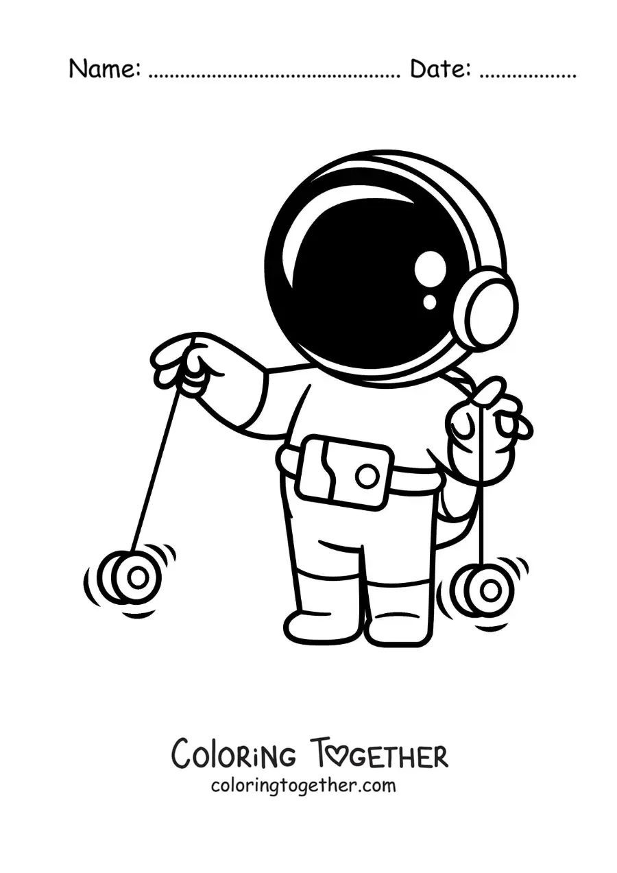 Coloring page of an animated astronaut playing with two yo-yos