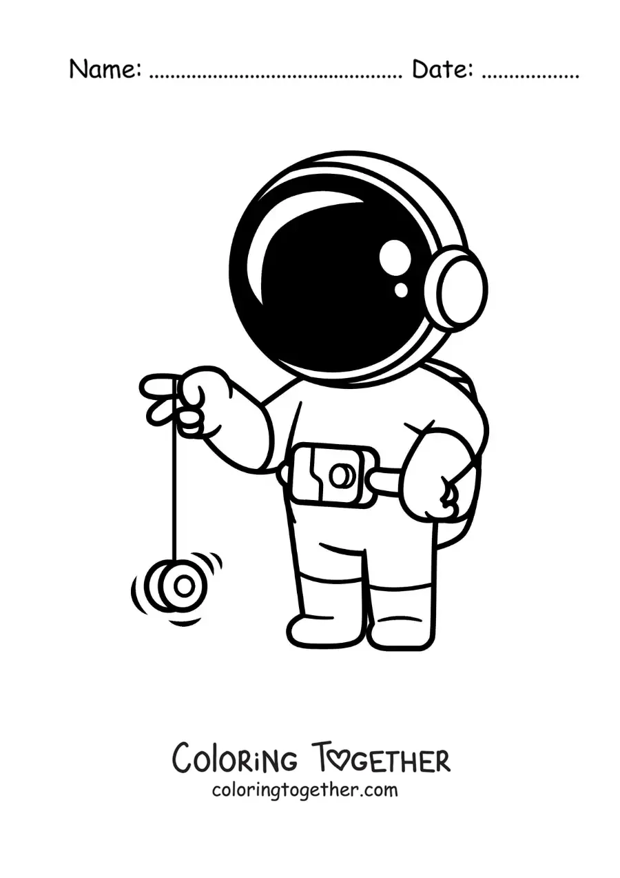 Coloring page of an animated astronaut playing with a yo-yo