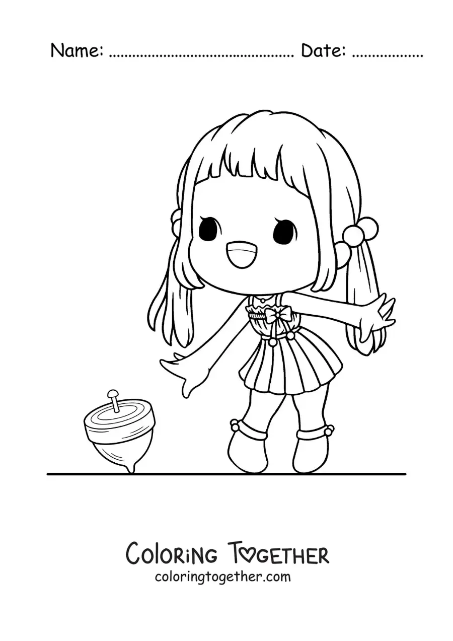 Coloring page of a girl playing with a spinning top