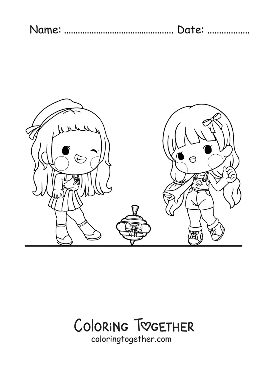 Coloring page of girls playing with a spinning top