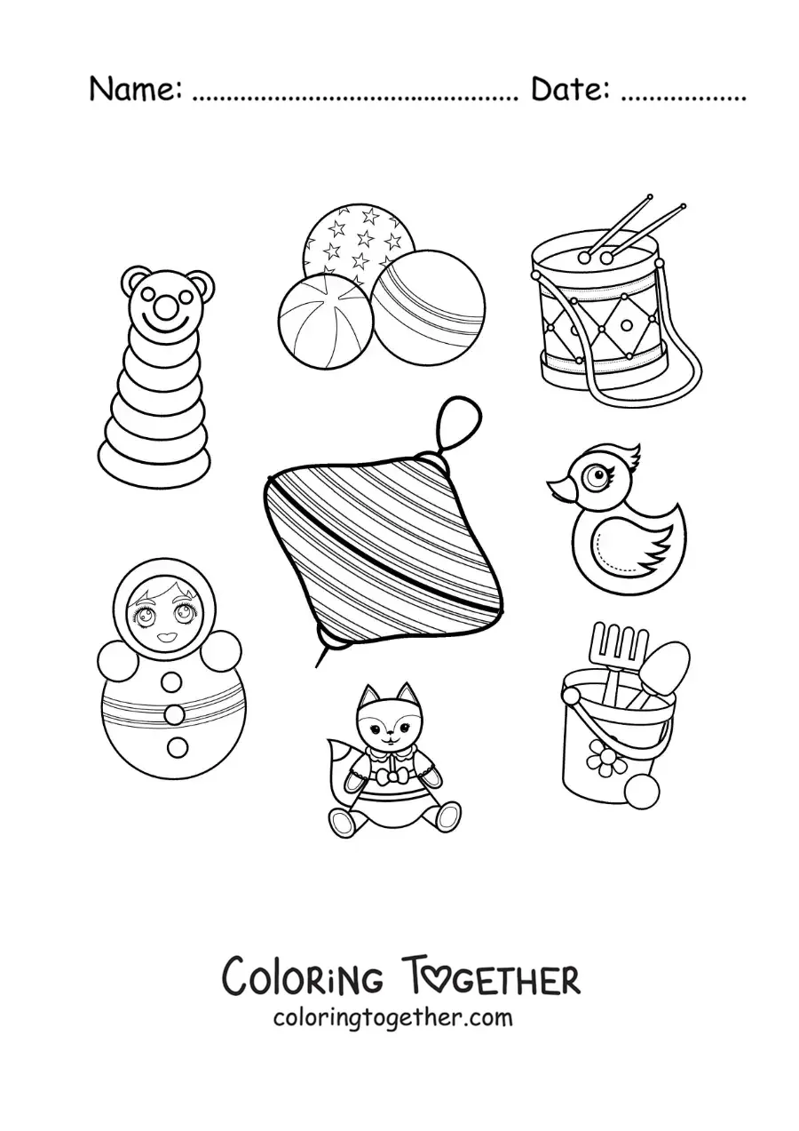 Coloring page of a spinning top and other traditional toys