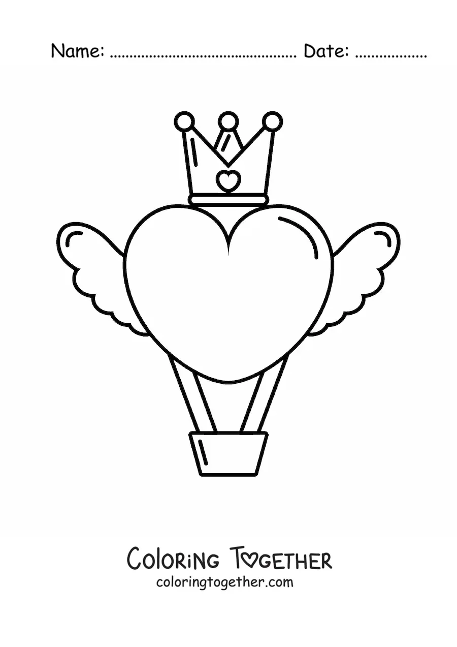 Coloring page of a winged heart-shaped hot air balloon