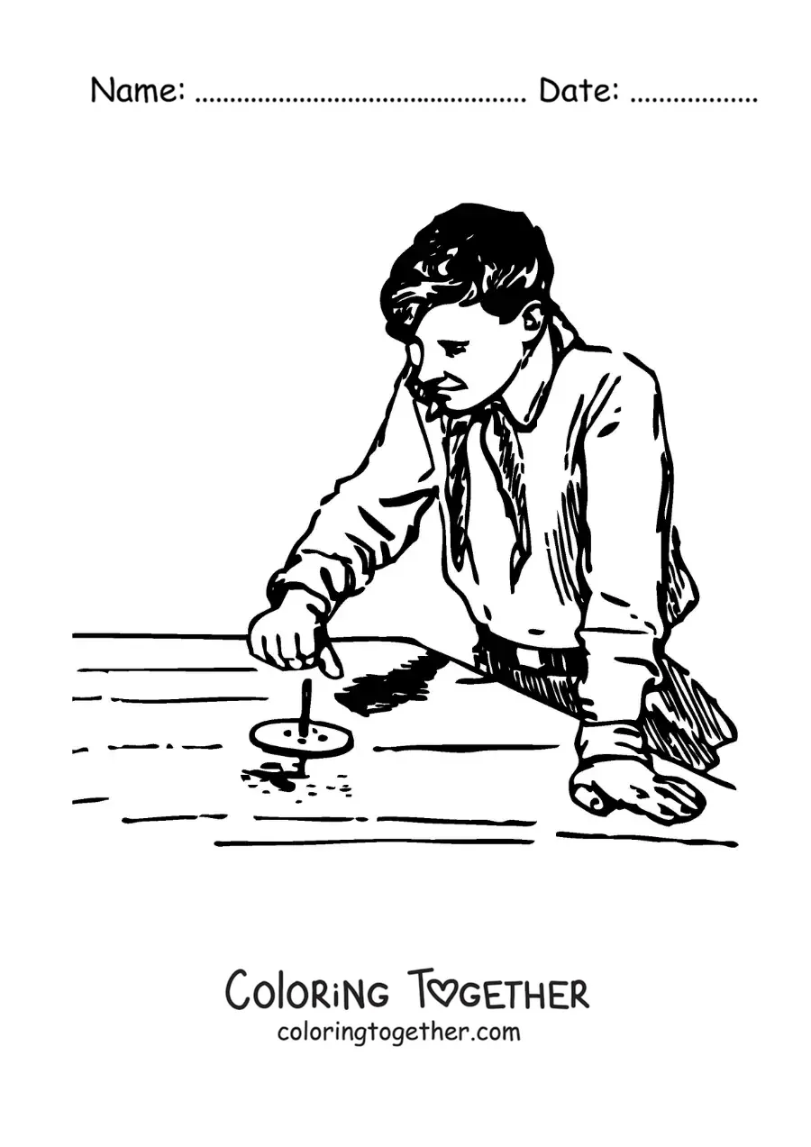 Coloring page of a boy playing with a spinning top