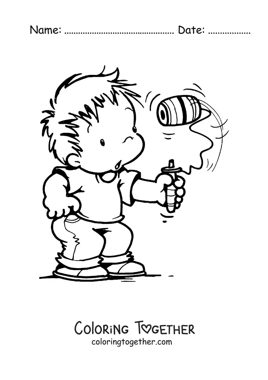 Coloring page of a boy playing with a perinola spinning top