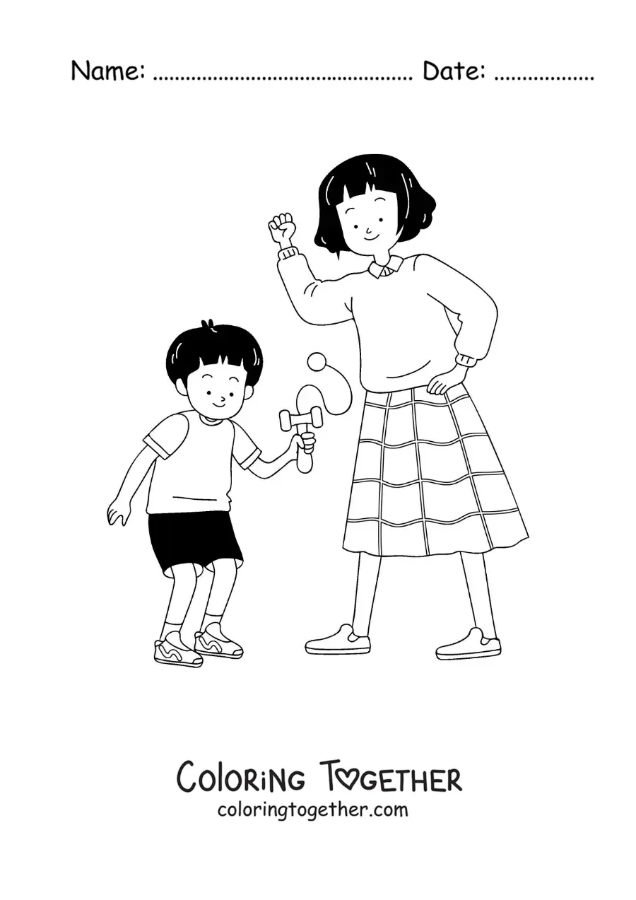 Coloring page of a Japanese boy playing with a kendama with his mom