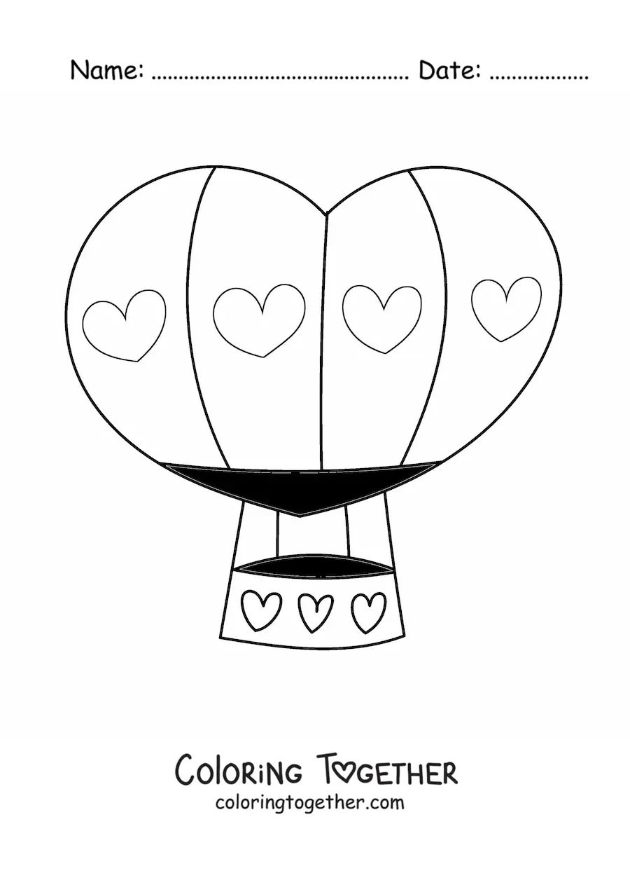 Coloring page of a hot air balloon with a hearts design