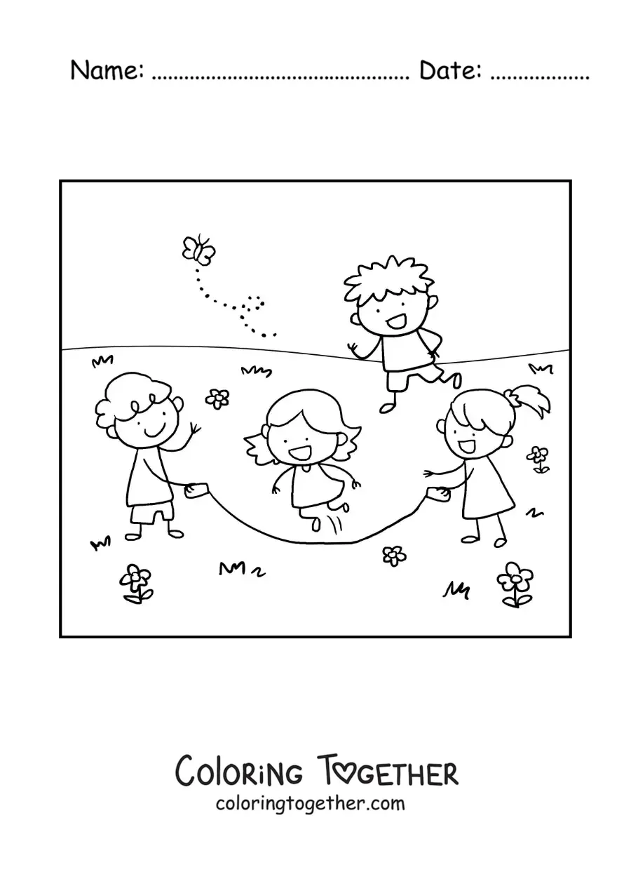 Coloring page of children jumping rope in a park