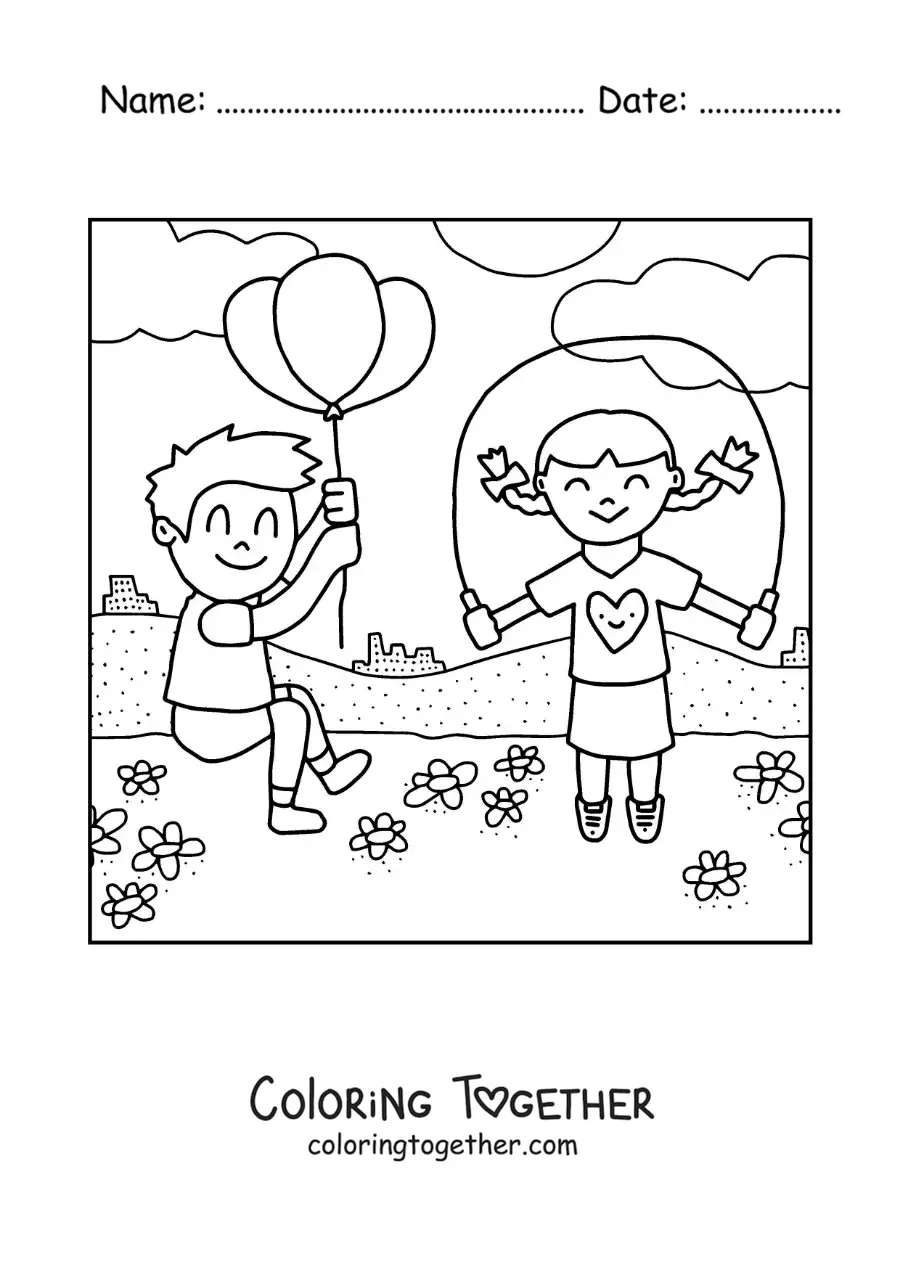 Coloring page of a girl jumping rope in a park