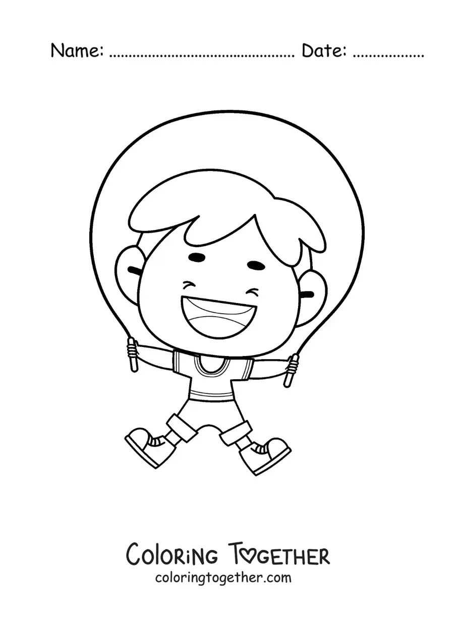 Coloring page of an animated boy jumping rope
