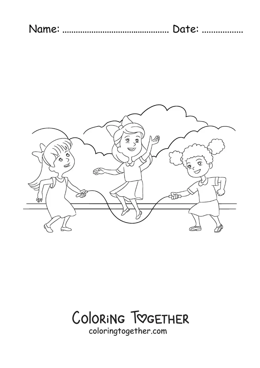 Coloring page of children jumping rope in a park