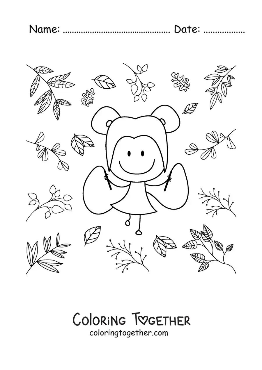 Coloring page of an animated girl jumping rope