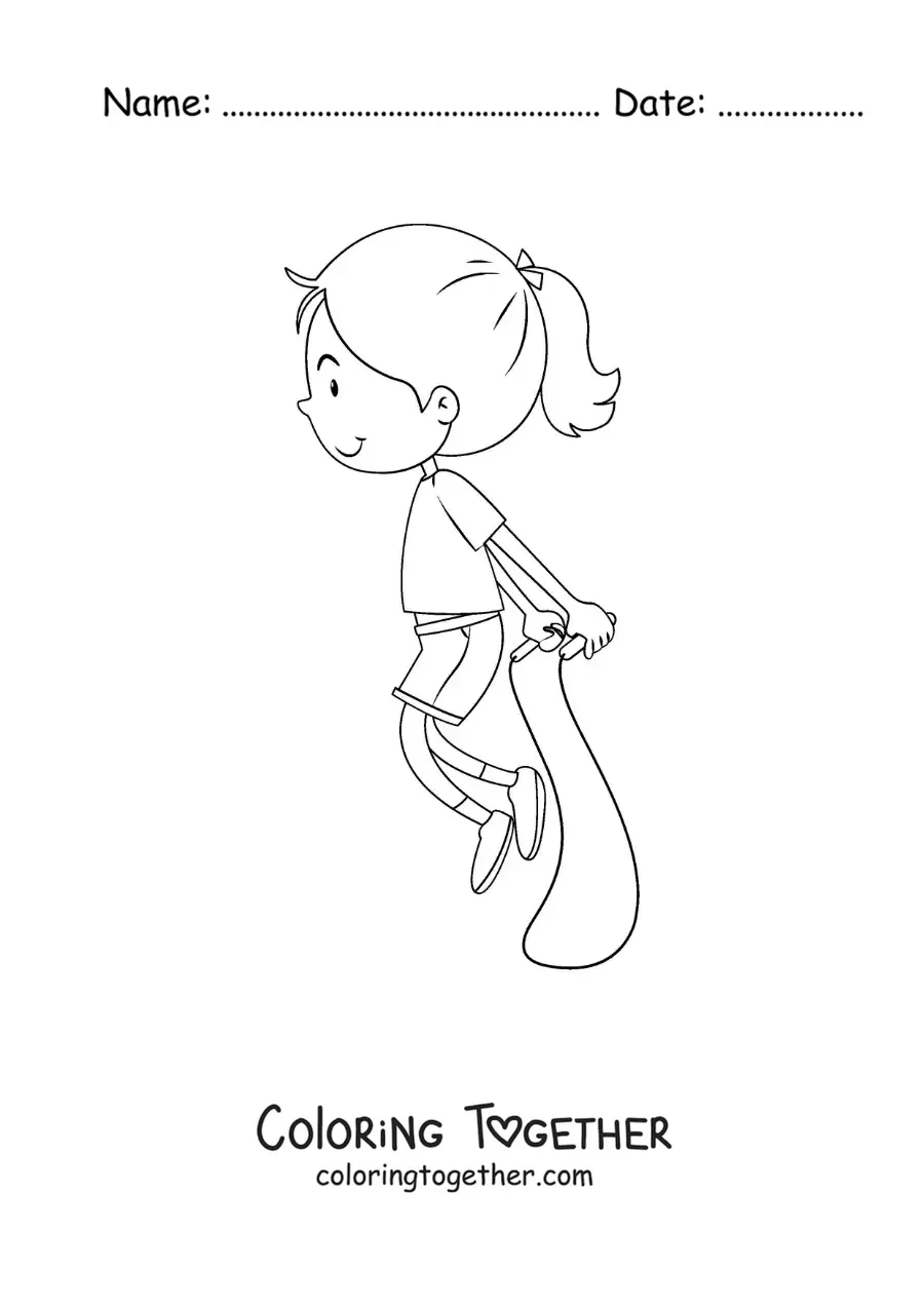Coloring page of an animated girl jumping rope