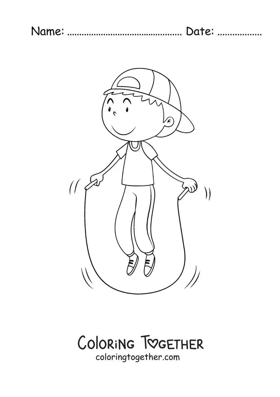 Coloring page of an animated boy jumping rope