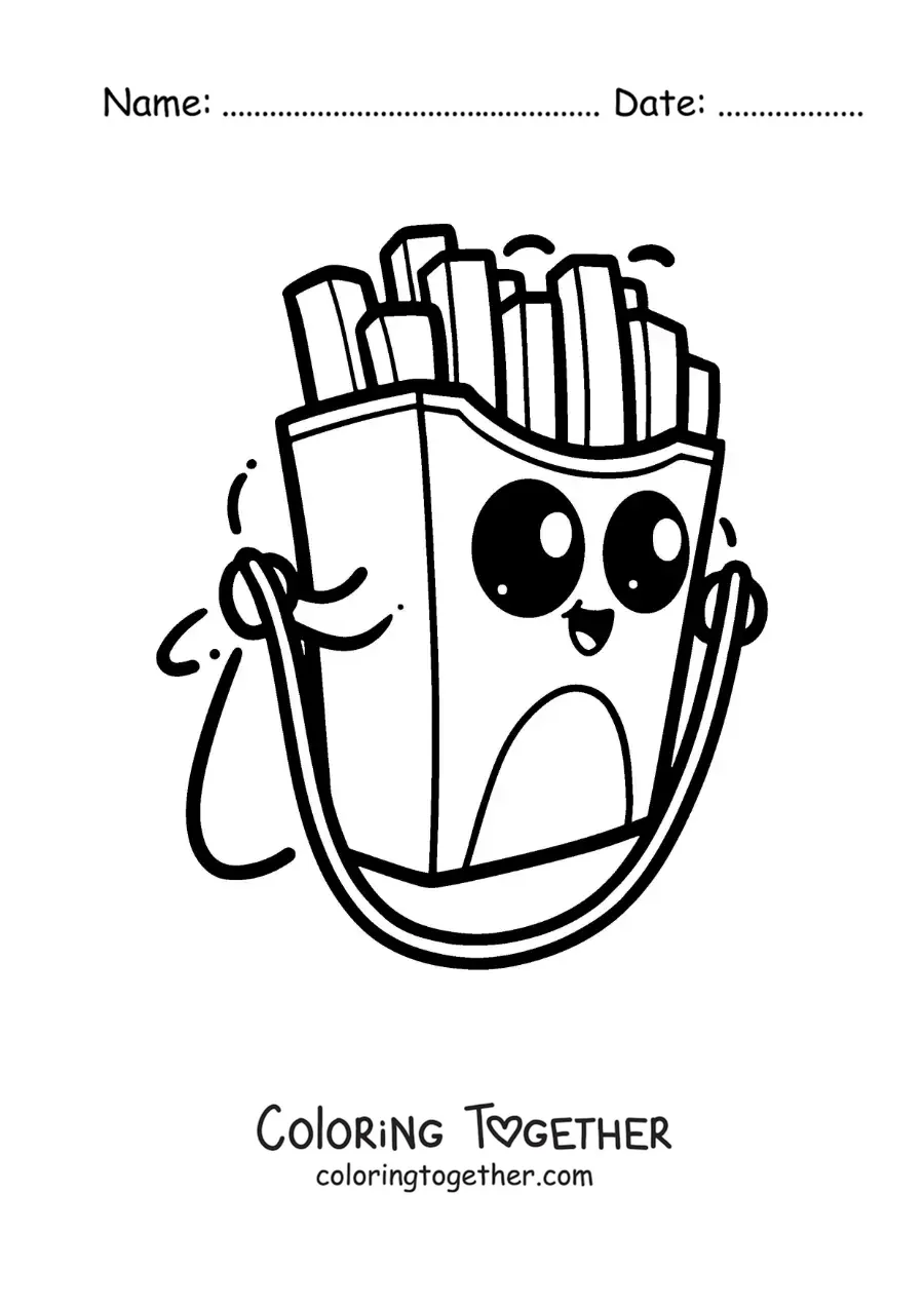 Coloring page of animated kawaii french fries jumping rope